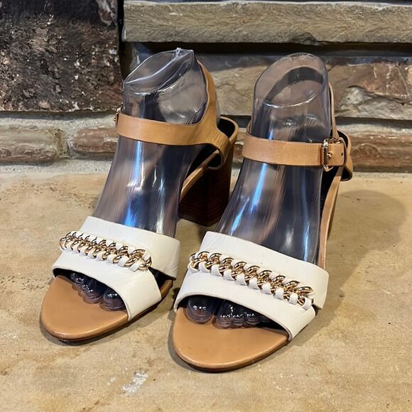 Coach Phoebe White and Tan Leather Heeled Sandal - Picture 1 of 8